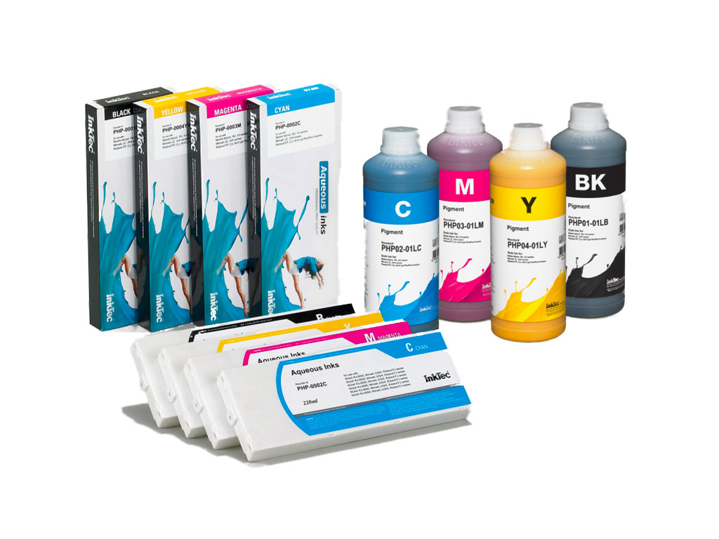 Quality water based pigment inks specially designed for various kinds of large format printers with the Epson piezo printer head, such as Mimaki, Epson, Mutoh and Roland printers.